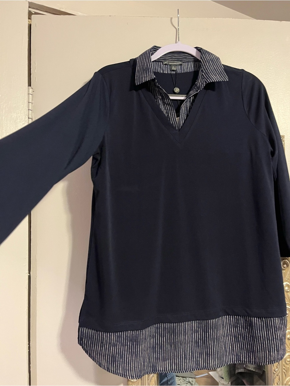Adrianna Papell Navy Faux-Layered V-Neck Tunic